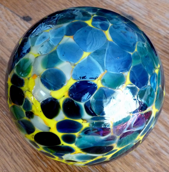 Vintage Hand Blown Glass Art Globe Sculpture Blue Yellow