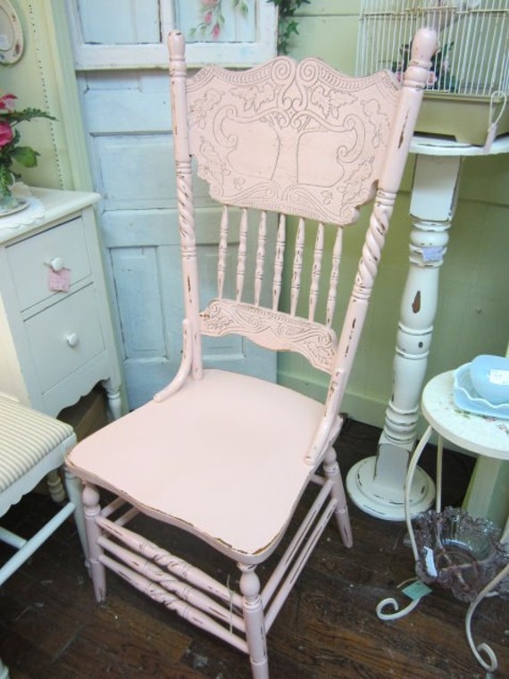 Hand Painted Shabby Chic Pink Chair Pressed Back by rosesnmygarden