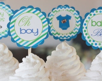 12 Chevron Blue Green Bodysuit Owl Elephant Football Bowtie Baby Feet Rockstar Theme Baby Shower Cupcake or Cake Toppers - Party Pack Sales