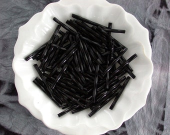Bugle Beads, Czech Glass Bugle Beads, 25mm Twisted Bugle Beads, Jet Black Bugle Beads, 1 Inch Bugle Beads SB-030