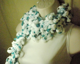 Teal and White Pom Pom Scarf