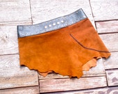 Tribal Leather Mini Skirt with Belt and Pocket - Tan Brown x Black - Woodland, Psy, Burning Man, Pixie