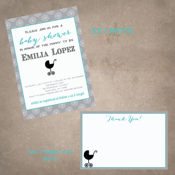 Vintage Grey Baby Shower Carriage Invite and thank you note combo-Print your own Il_570xn
