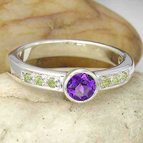 Amethyst and Peridot Sterling Silver Ring Green Peridot and