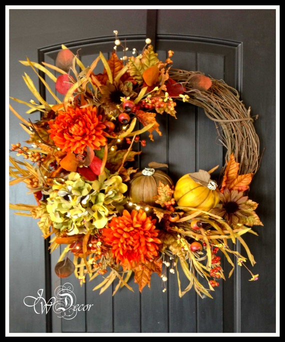 Fall Wreath Lighted Hydrangea & Pumpkins Wreath Large by JWDecor