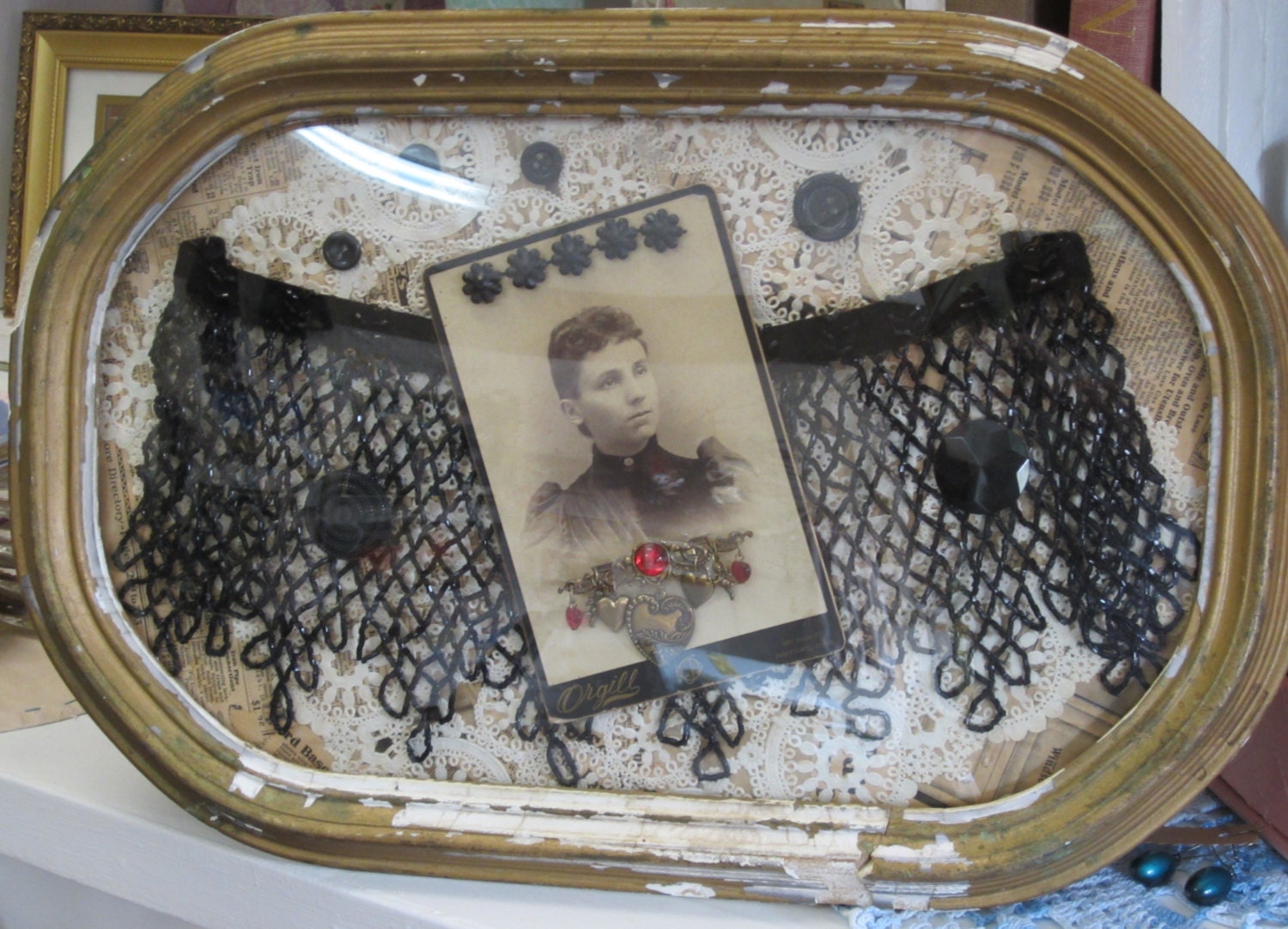 Antique Curved Glass Frame Containing Vintage by bluebirdjunction