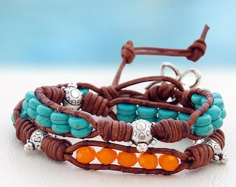 Turtle... Leather wrap bracelet... Beaded Double Wrap Bracelet. Original OceanBead Style.