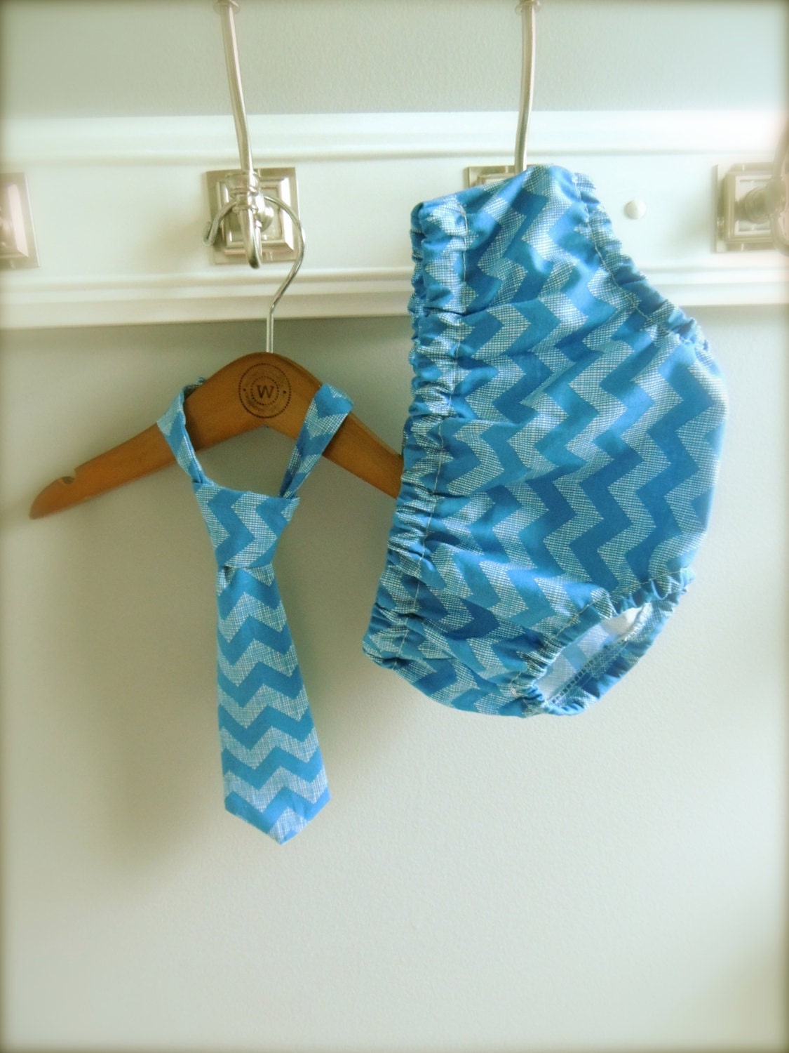 Baby Boy Tie and Diaper cover SET Blue Denim Chevron