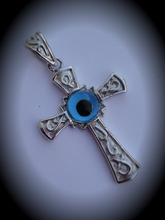 Evil Eye Genuine Sterling Silver Cross Pendant