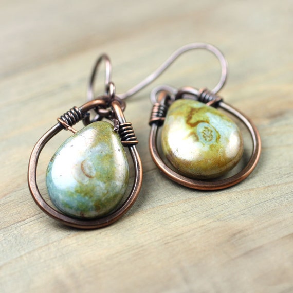 Items similar to Wire Wrapped Copper Loops Moss Drop Earrings ...