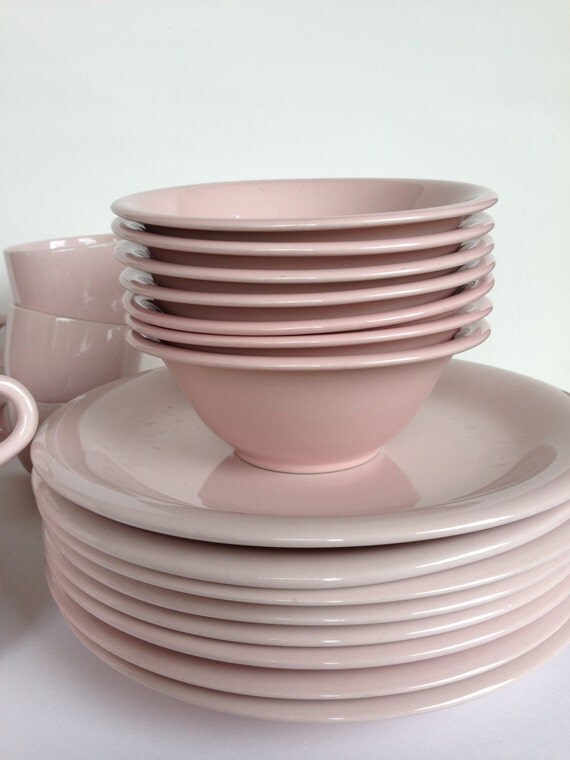 Mid Century Pink Stoneware Dinnerware Set for 7