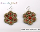 Crochet earrings #E180, green, flower, handmade, shimmer, golden, thr