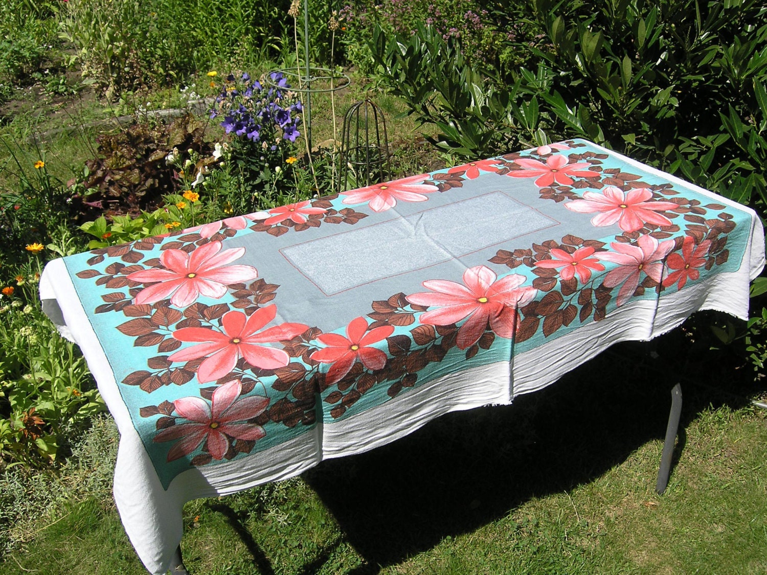 Rectangular Vintage Tablecloth Retro Floral Cotton