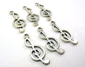 6 pcs Antique Silver Music Note Treble Clef Charms - 26mm long
