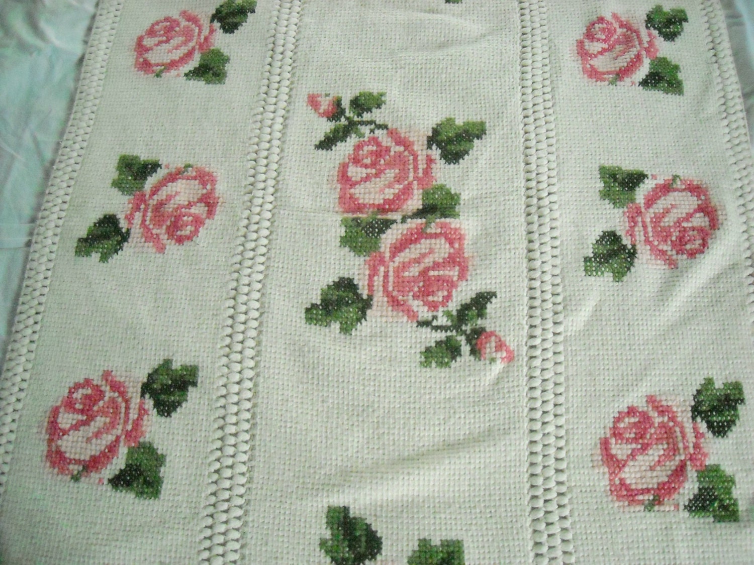 cross stitch crocheted afghan with pink roses blanket