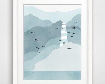 Lighthouse Art Print, Nautical Decor, Beach Decor, Coastal Decor - Blue Grey