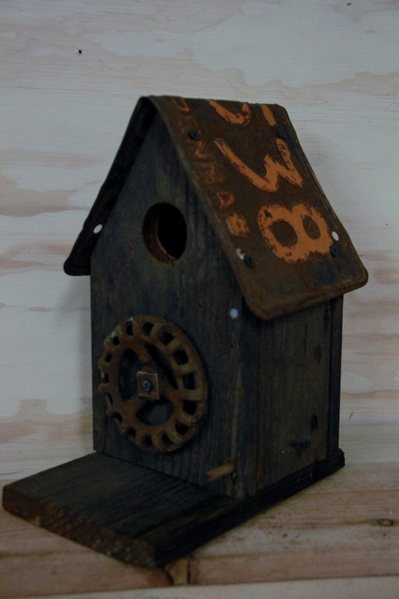 Antique barn wood birdhouse Antique license plate birdhouse