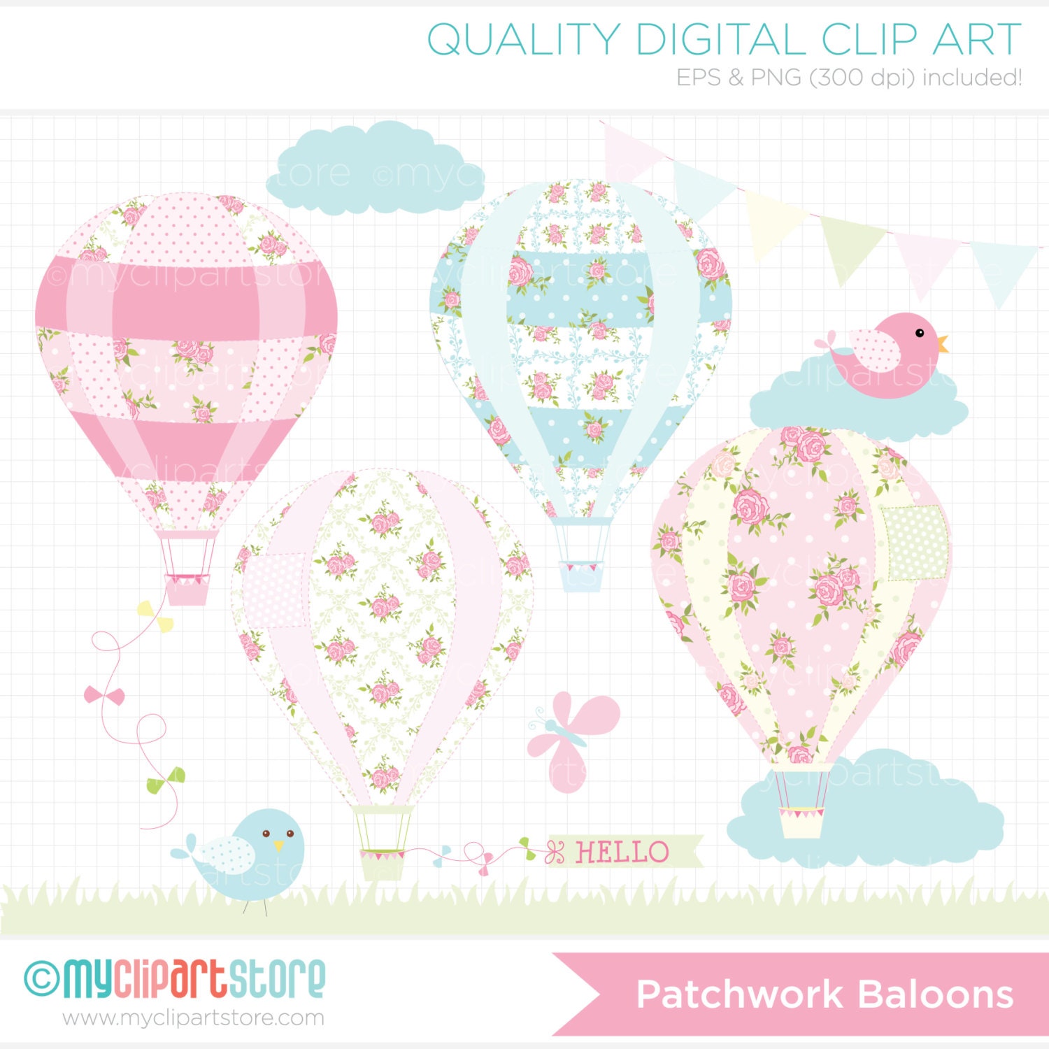 Clipart Patchwork Hot Air Balloons Digital Clip Art