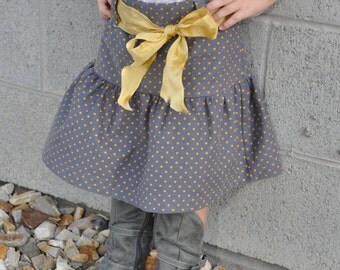 Ruffle Gray Corduroy Skirt with Mustard Belt and Mustard Polkadots