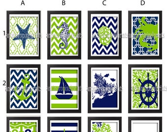 Navy Green Digital Illustration Bath / Beach House Prints Wall Art Choose Any (3) - 8x10 Prints -  (UNFRAMED)