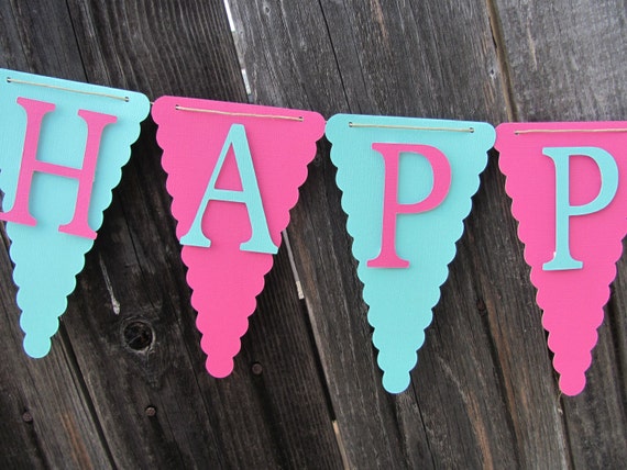 Turquoise and Pink Happy Birthday Banner Birthday Banner