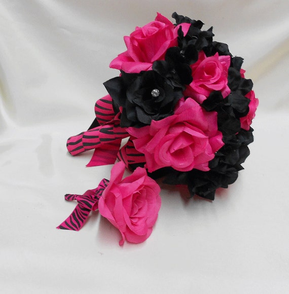 Wedding Silk Flower Bridal Bouquets Fuchsia Black Zebra Print
