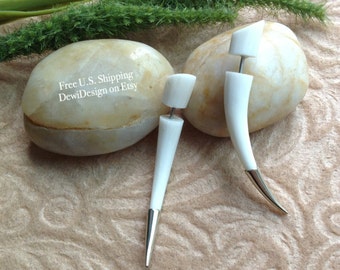 Fake Gauge Earrings, "Tribal Spikes" Hand Carved, Bone, Naturally Organic