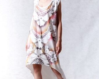 NO.100 Cream Cotton Jersey Hi-Low Dress, Multi-Colour Butterfly And Flower Motif Printed Sleeveless Dress