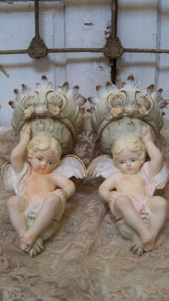 vintage cherub wall pockets shabby chic porcelain sconce set vintage cherub wall pockets shabby chic porcelain sconce set