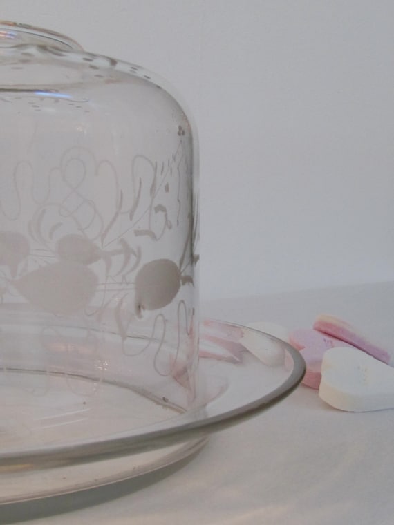 Vintage Etched Glass Cake stand with Dome lid