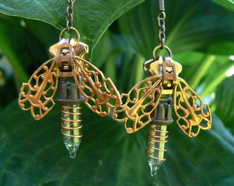 Steampunk Firefly Earrings - Christmas Earrings - Zipper Earrings - Dangle Earrings - Steampunk Jewelry