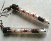 Test Tube Earrings, Steampunk style - seed pearls with copper wire and antique copper effect springs