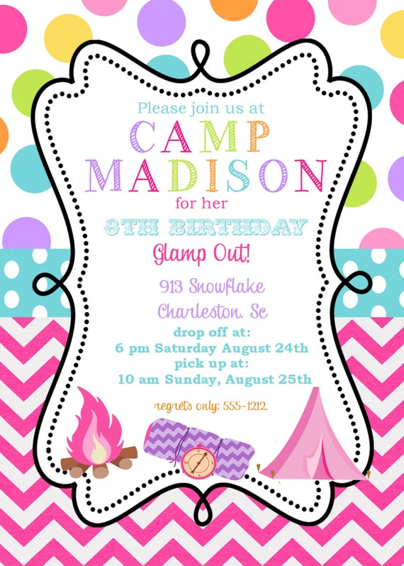 Girls Glam Camping Birthday Party invitations printable or