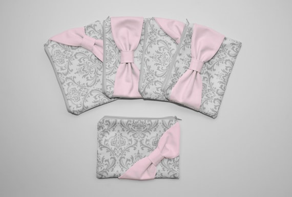 Bridesmaid Gift Set / Bachelorette Favors - Gray Damask Light Pink Bow - Customizable Wedding Cosmetic Cases - Choose Quantity and Bow Style