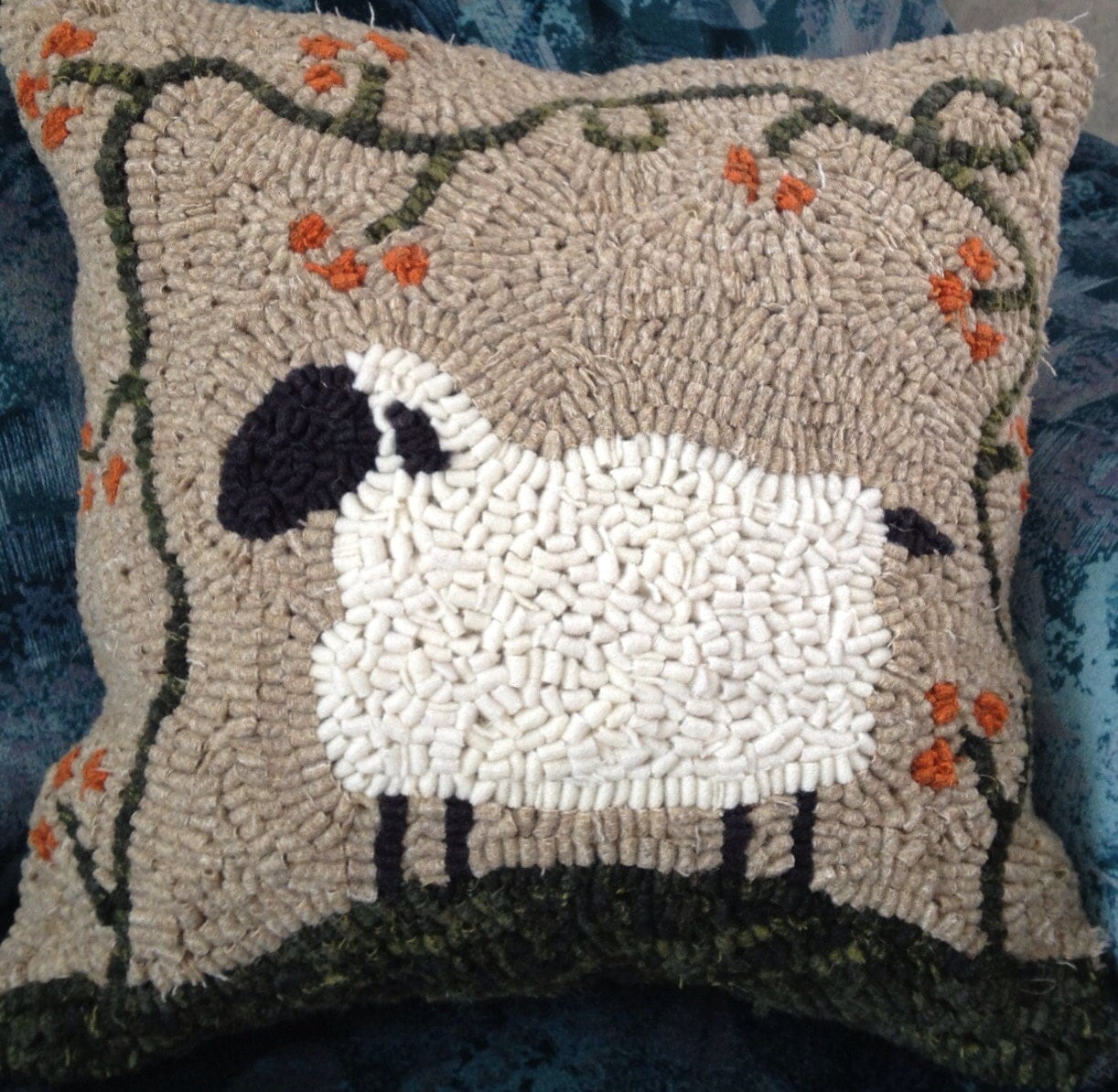 Bittersweet Sheep Rug Hooked Pillow