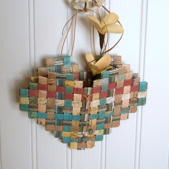 Woven Paper Heart Basket 7x6 Recycled Paper in Shades of