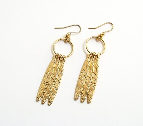 Gold DANGLE EARRINGS Indian feather Earrings by timorshachar