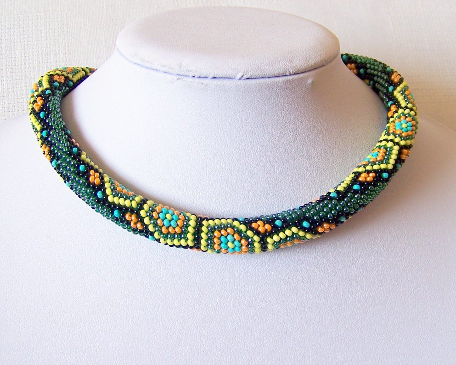 Bead crochet necklace with geometric pattern Beaded rope