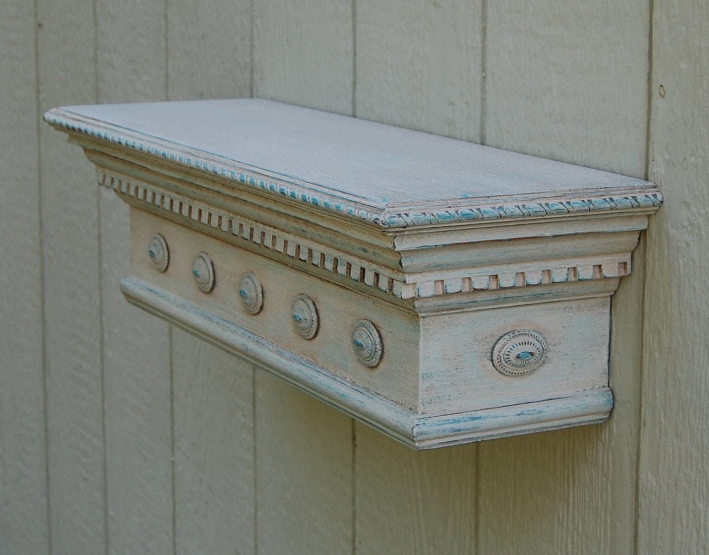 Distressed Wall Shelf Antique White Crackle Over Turquoise
