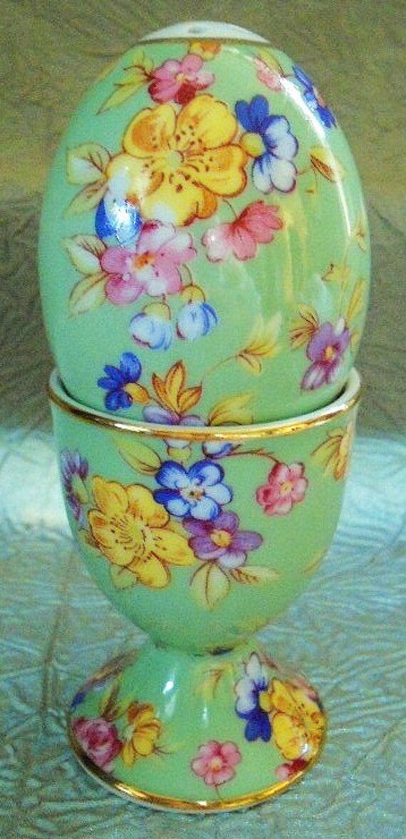 Vintage English Chintz China Egg Cup & EggShaped Shaker