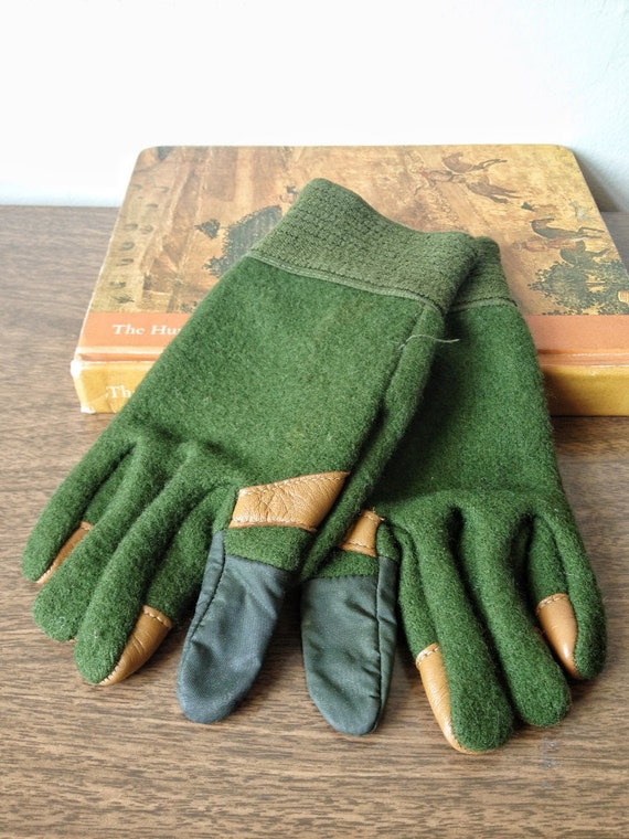 Vintage Wool and Leather Morris Feel Gloves / Green Wool