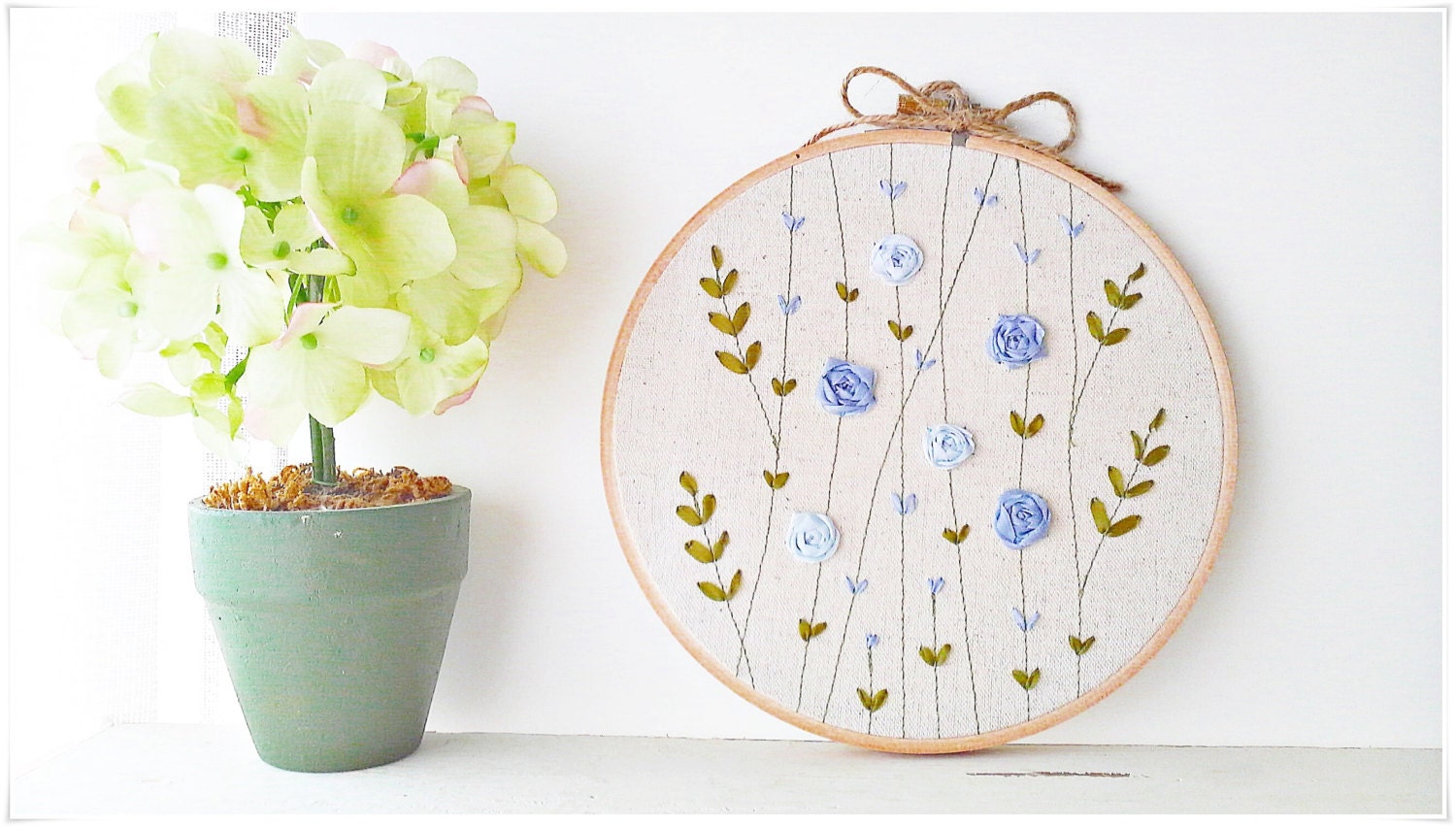 Ribbon Embroidery hoop wall art Blue Rose hand embroidery