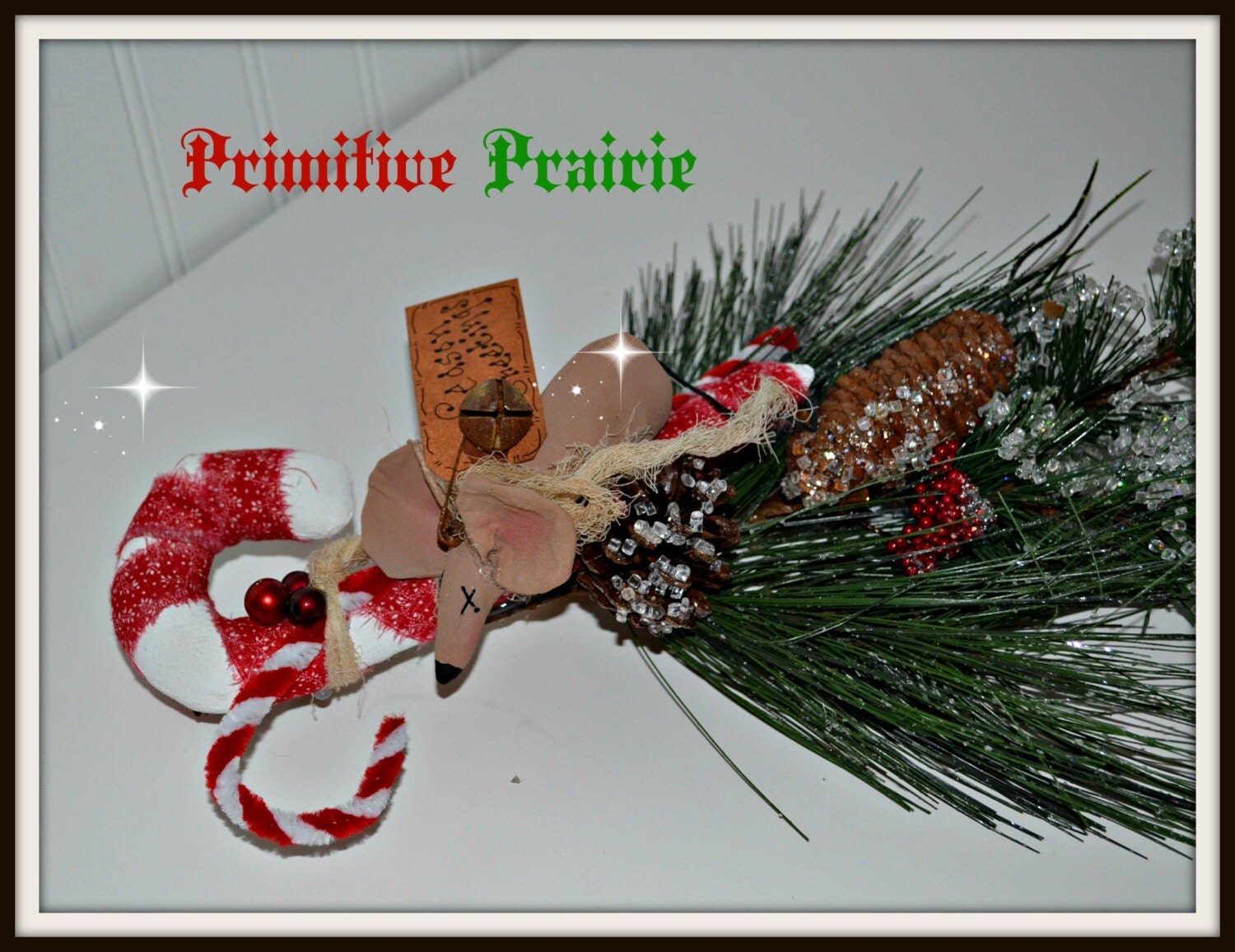 Primitive Christmas table door holiday hanging decoration, hand made candy canes and mouse hanging decoration