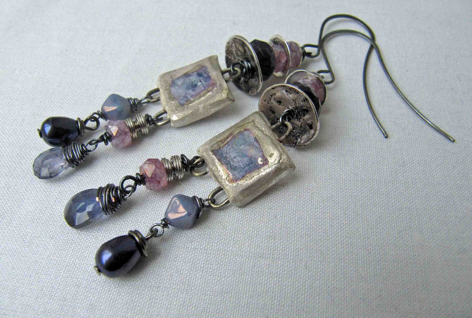 Silvered squares handmade earrings bead earrings art bead