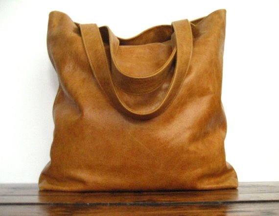 Caramel Brown Leather Shoulder Tote Bag