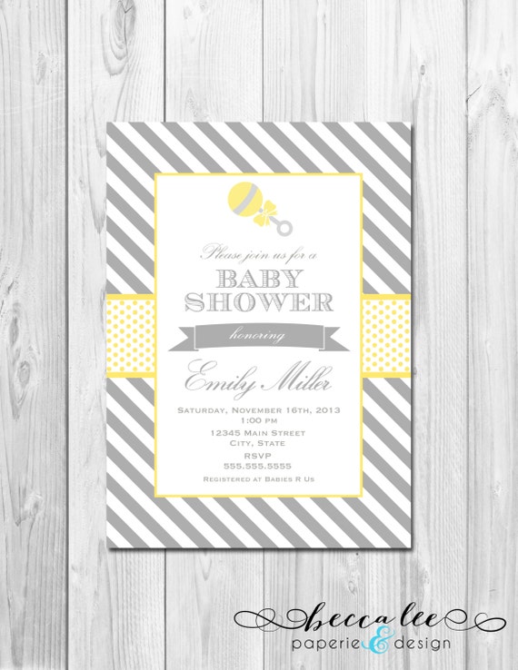 Rattle Baby Shower Invitation - Yellow and Grey Stripes - DIY - Printable Il_570xn