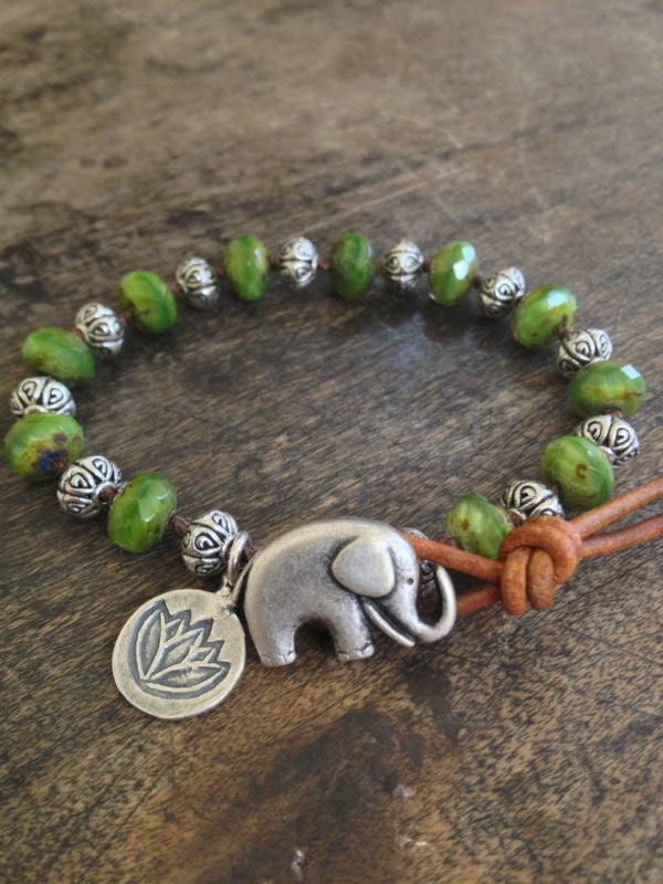 Elephant & Silver Lotus Leather Wrap Bracelet Bohemian