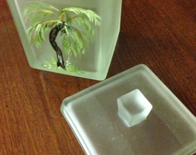 Frosted Glass Jar with Lid, 3 1/2" x 3 1/2" x 4" Tall. Painted Palm Trees in Acrylic, sealed for Protection.