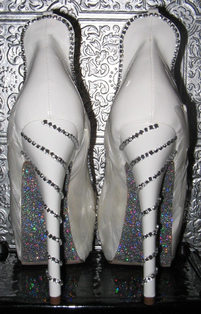 white platform stilettos with crystal rhinestones white