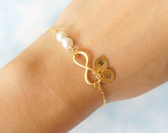 Infinity Bracelet with Pearls and Two Initial Charms. Bridesmaid Gift. Everyday Bracelet. Girlfriend Gift. Birthday Gift.